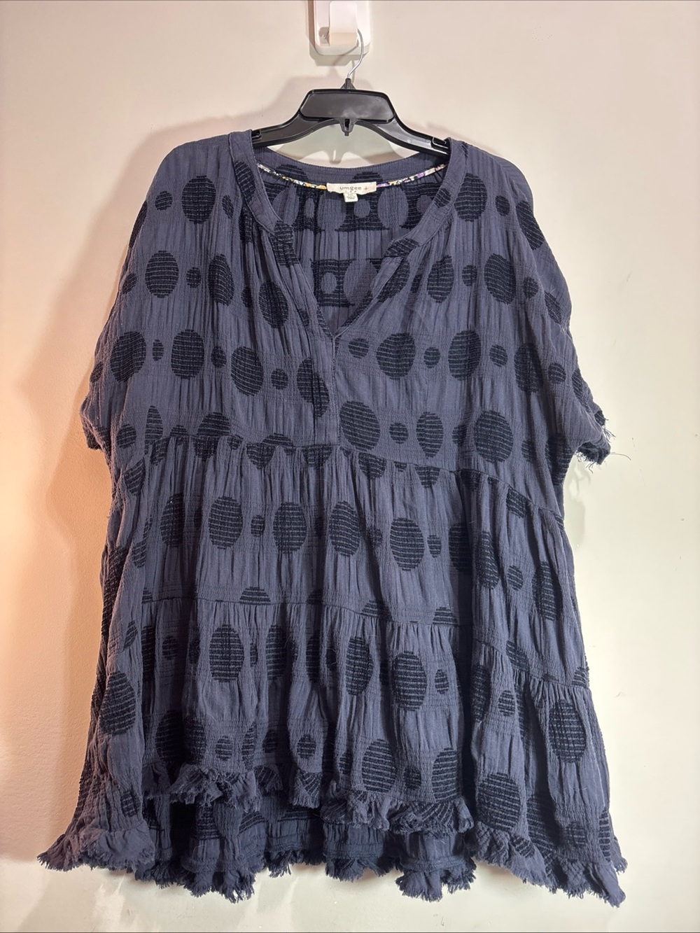 Umgee Women's Navy Blue Textured Dot Tiered Top. 1432